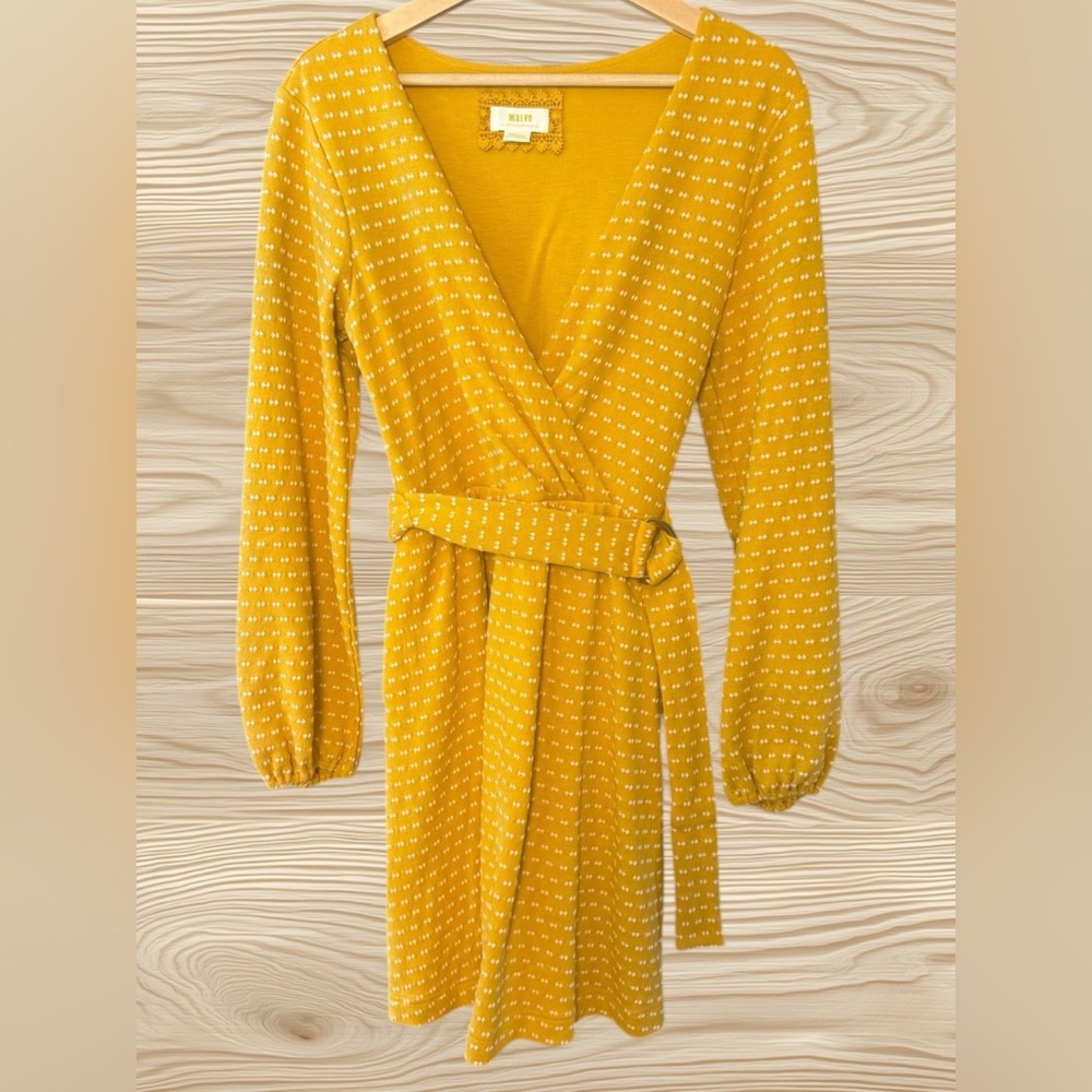 MAEVE by Anthropologie Malta Wrap Dress Mustard Yellow Dot Belted Size M - Picture 2 of 13
